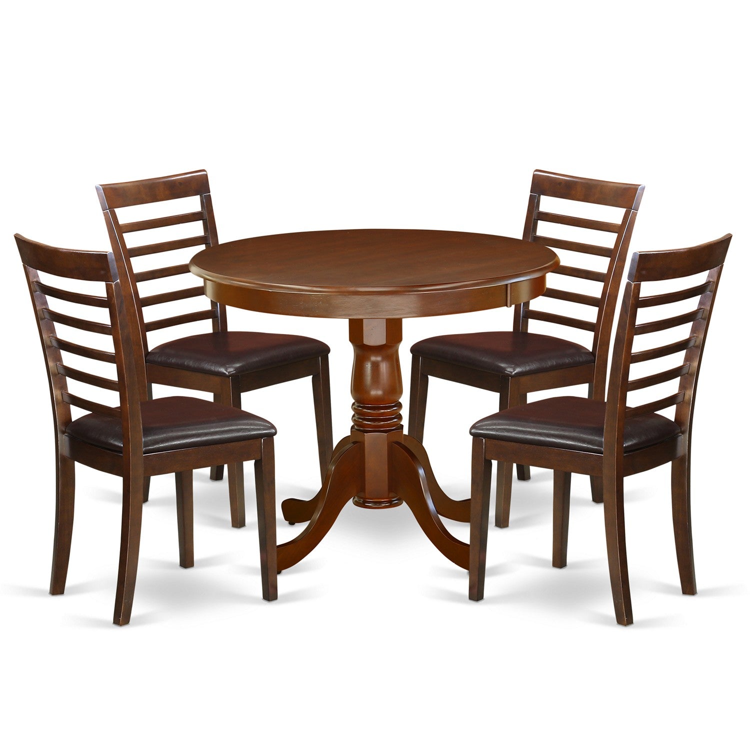 El juego de comedor de 5 piezas East West Furniture ANML5-MAH-LC incluye una mesa de cocina redonda con pedestal y 4 sillas de comedor tapizadas en piel sintética.