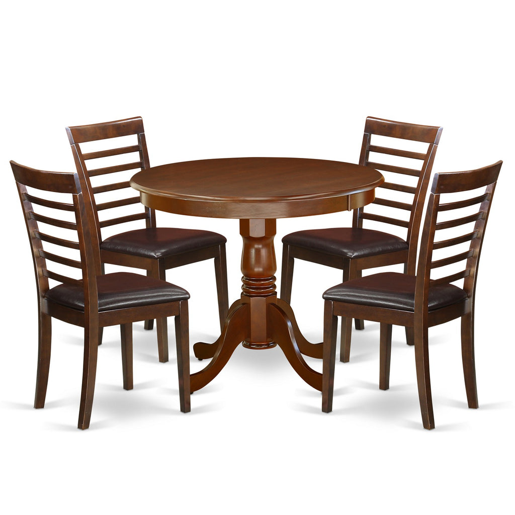 East West Furniture ANML5-MAH-LC 5 Piece Dining Room Furniture Set Includes a Round Kitchen Table with Pedestal and 4 Faux Leather Upholstered Dining Chairs
