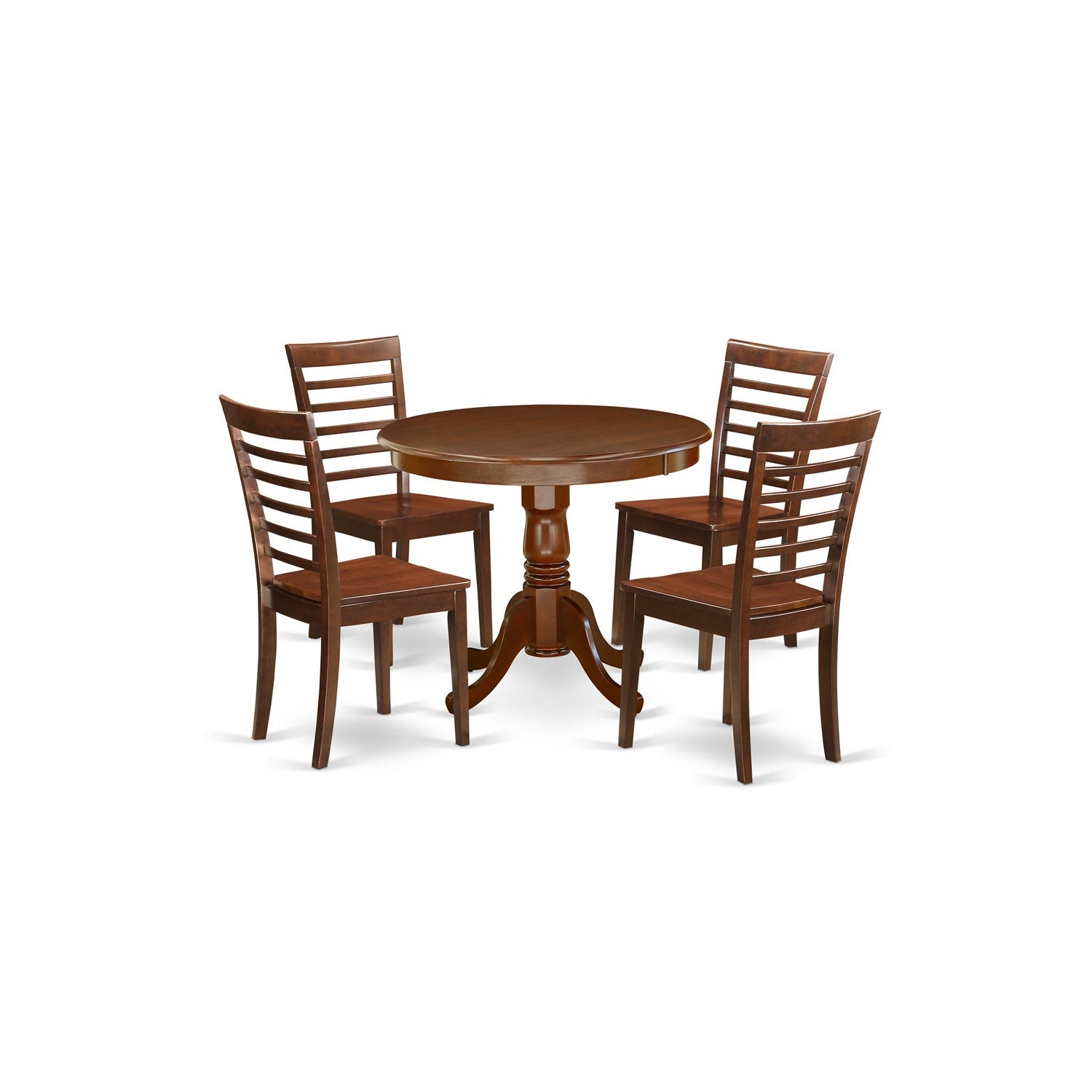 Juego de mesa y sillas de cocina de 5 piezas East West Furniture ANML5-MAH-W. Incluye una mesa de comedor redonda con pedestal y 4 sillas de comedor.