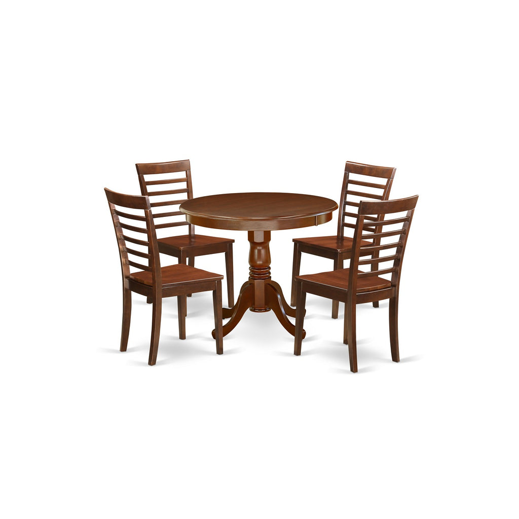 East West Furniture ANML5-MAH-W 5 Piece Kitchen Table & Chairs Set Includes a Round Dining Room Table with Pedestal and 4 Dining Chairs