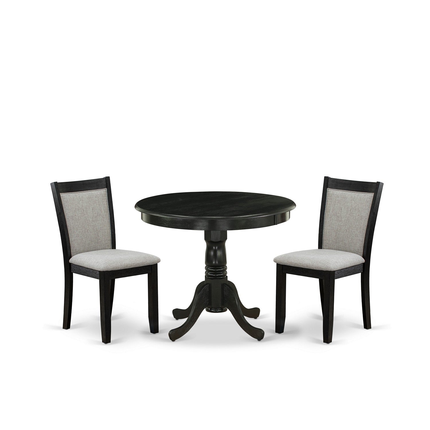 East West Furniture ANMZ3-AB6-06 3-Pc Dining Room Table Set Contains a Wooden Dining Table and 2 Shitake Linen Fabric Modern Dining Room Chairs - Wire Brushed Black Finish