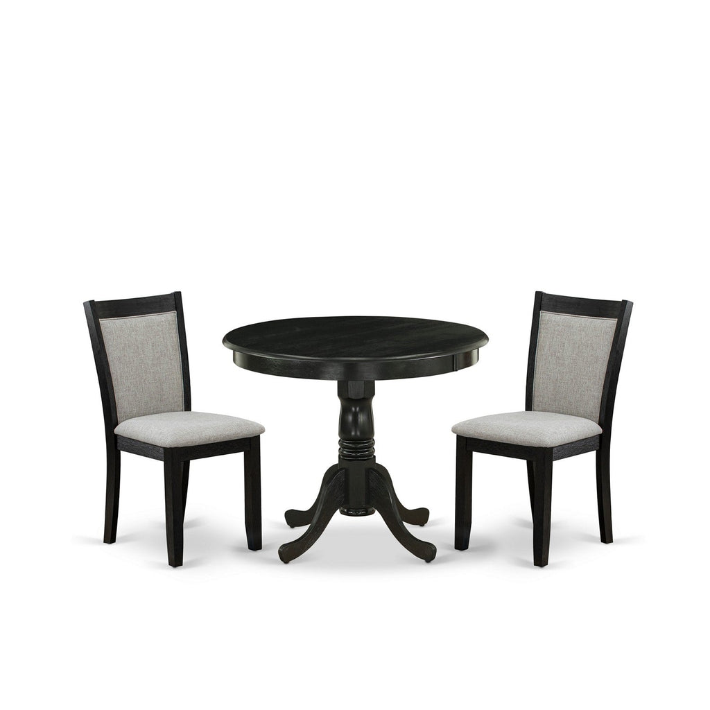 Juego de mesa y sillas de cocina de 3 piezas East West Furniture ANMZ3-AB6-06. Incluye una mesa de comedor redonda con pedestal y dos sillas tapizadas en tela de lino Shitake.