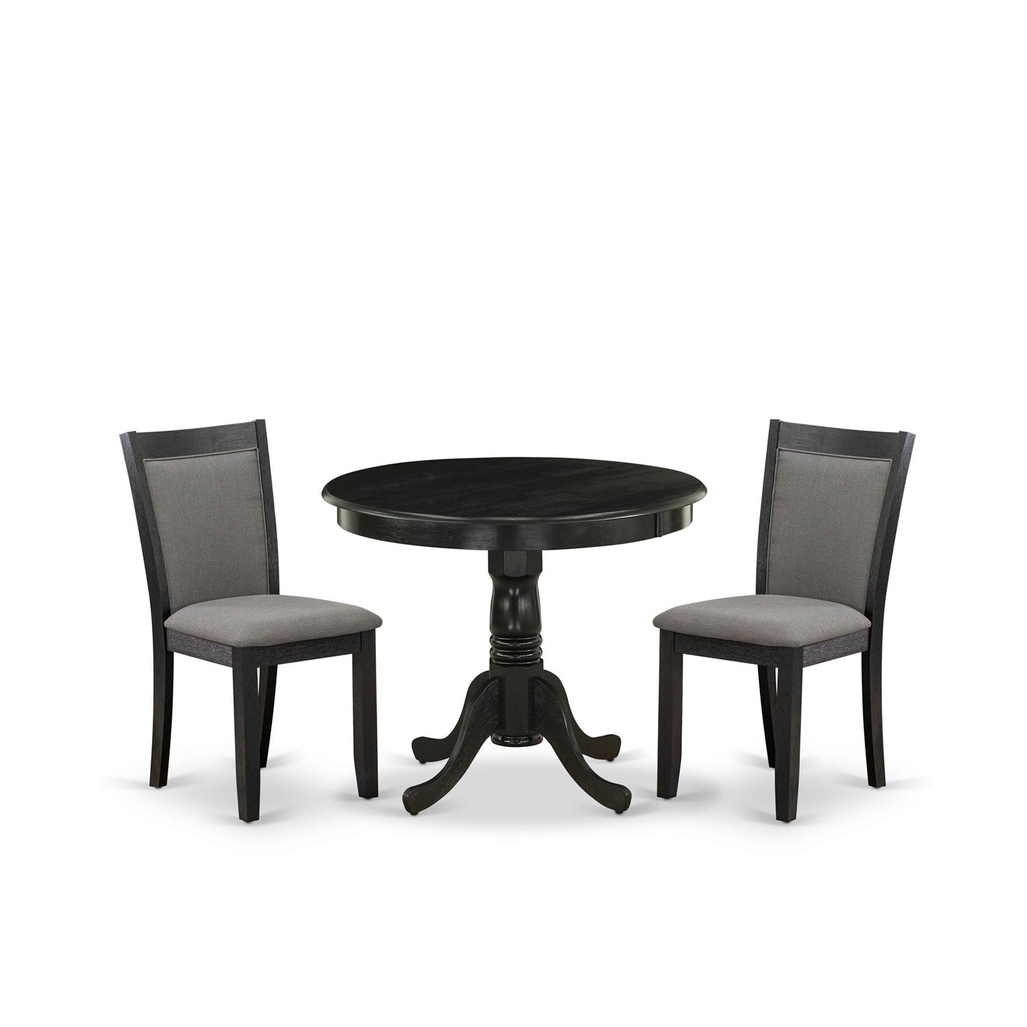 East West Furniture ANMZ3-AB6-50 3-Piece Dinette Room Set Consists of a Wooden Dining Table and 2 Dark Gotham Grey Linen Fabric Upholstered Dining Chairs - Wire Brushed Black Finish