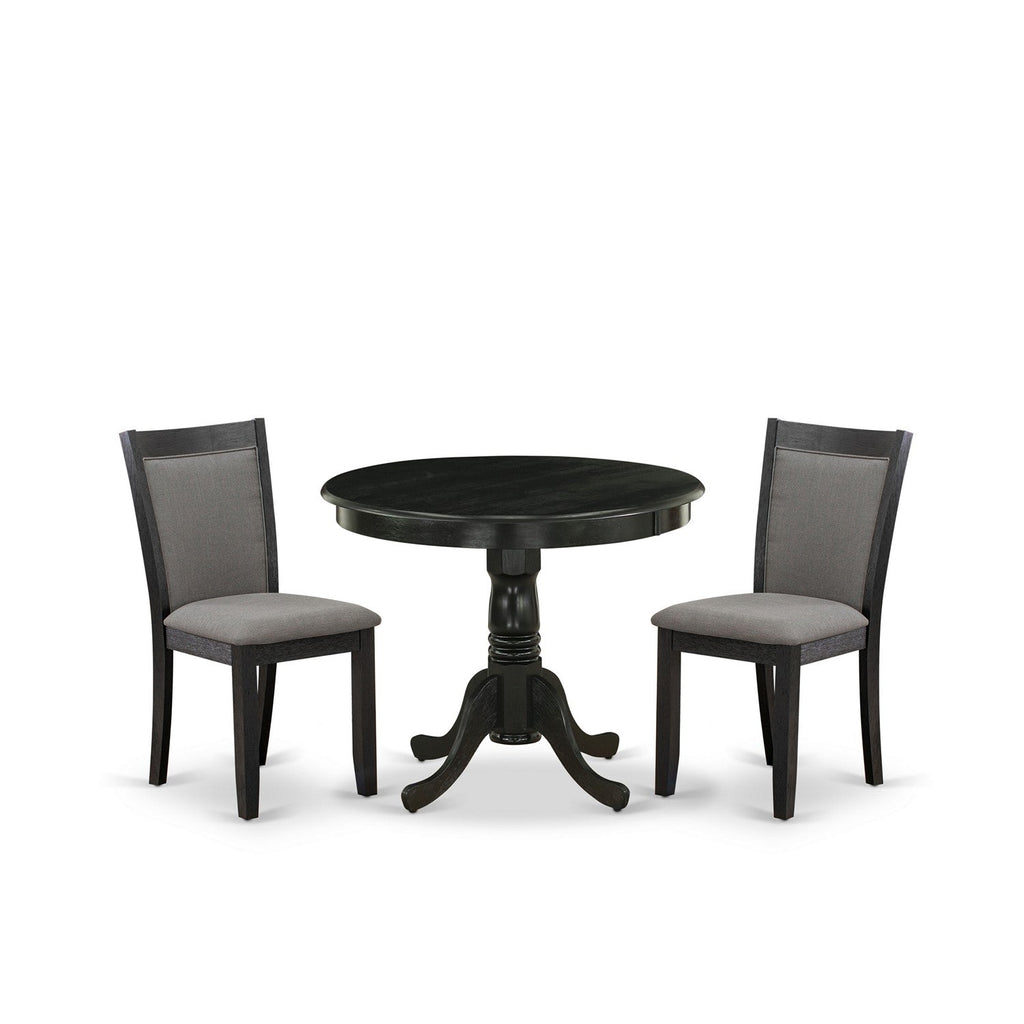 El juego de mesa de comedor de 3 piezas East West Furniture ANMZ3-AB6-50 incluye una mesa de cocina redonda con pedestal y dos sillas tapizadas en tela de lino gris Gotham oscuro.