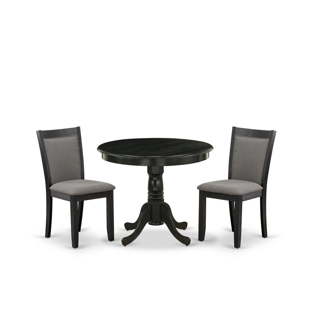 East West Furniture ANMZ3-AB6-50 3 Piece Dining Table Set  Contains a Round Kitchen Table with Pedestal and 2 Dark Gotham Grey Linen Fabric Upholstered Chairs, 36x36 Inch, Wirebrushed Black