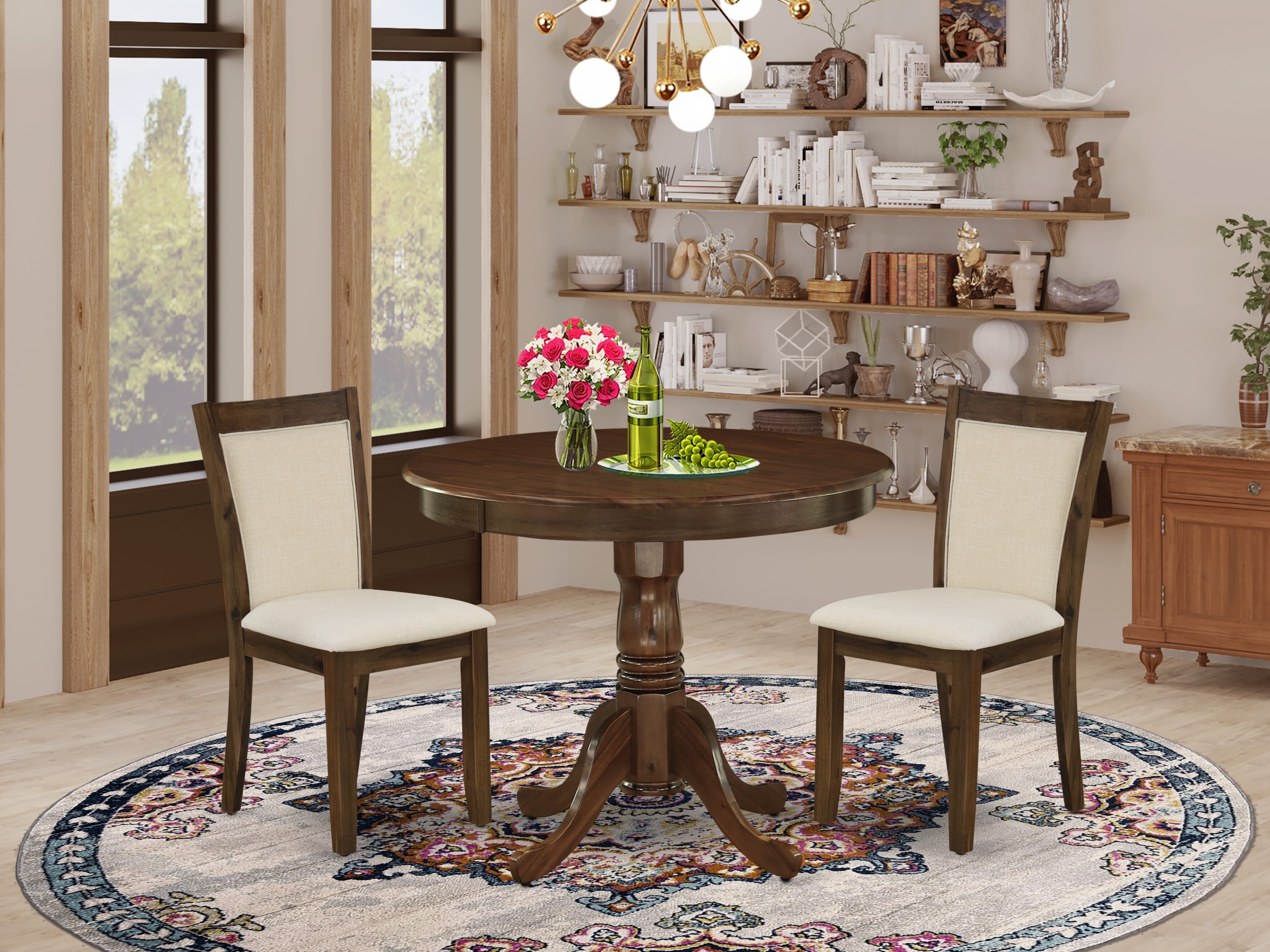 East West Furniture ANMZ3-AWA-32 3 Piece Dining Room Table Set Consist of a Round Kitchen Table with Pedestal and 2 Parson Dining Chairs, 36x36 Inch, Antique Walnut