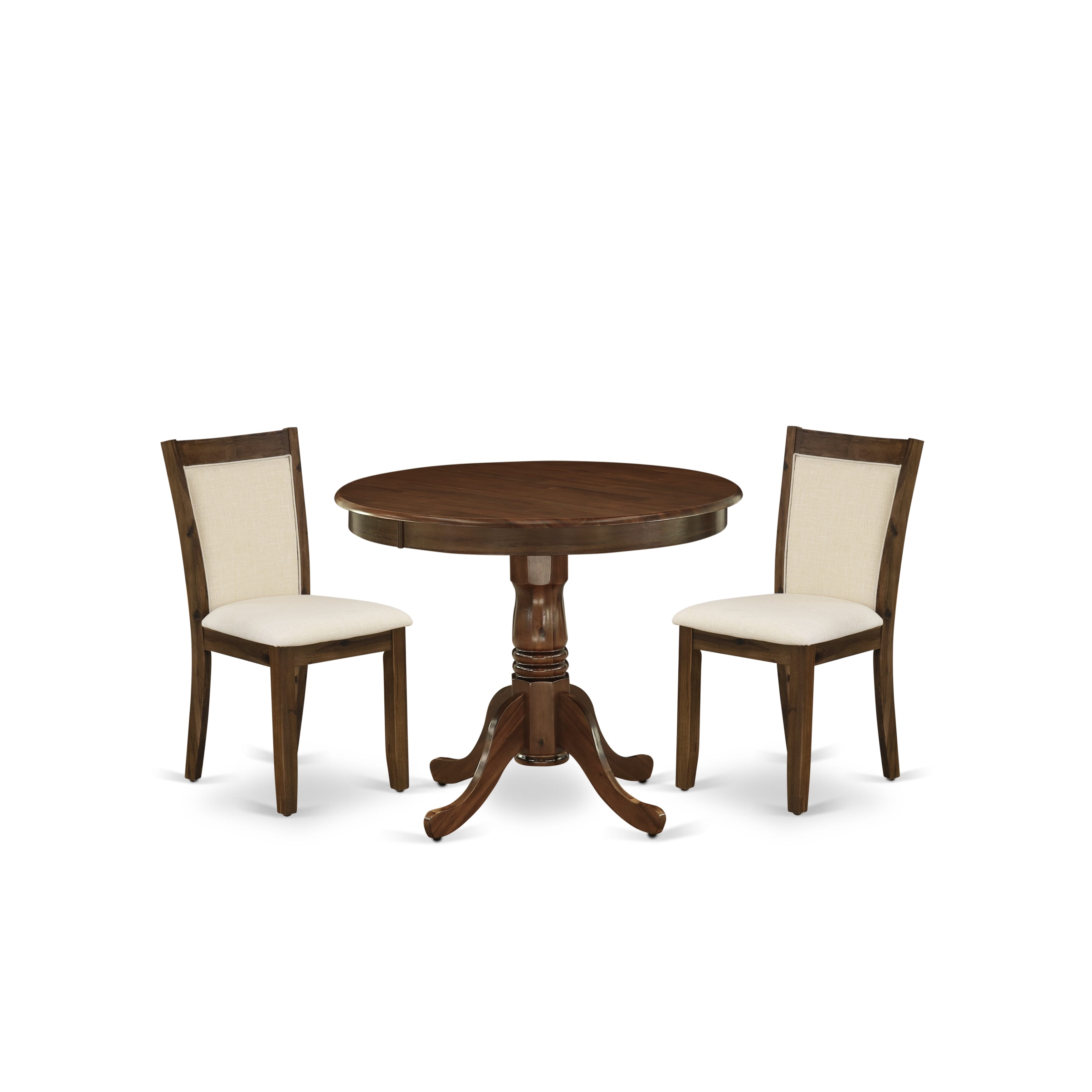 East West Furniture ANMZ3-AWA-32 3 Piece Dining Room Table Set Consist of a Round Kitchen Table with Pedestal and 2 Parson Dining Chairs, 36x36 Inch, Antique Walnut