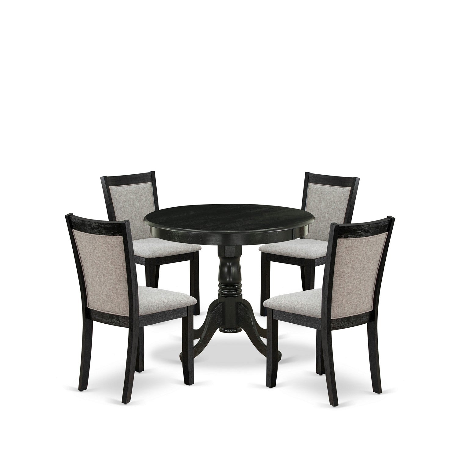 East West Furniture ANMZ5-AB6-06 5-Pc Dining Table Set Includes a Modern Dining Room Table and 4 Shitake Linen Fabric Dining Room Chairs - Wire Brushed Black Finish