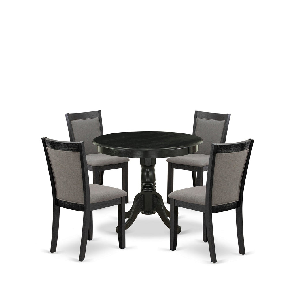 El juego de comedor de 5 piezas East West Furniture ANMZ5-AB6-50 incluye una mesa de cocina redonda con pedestal y 4 sillas de comedor Parson de tela de lino gris Gotham oscuro.