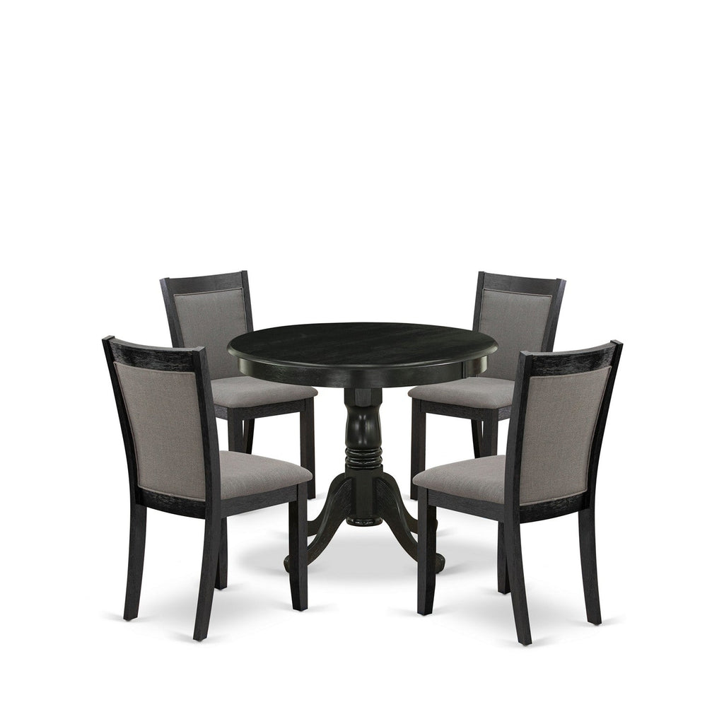 East West Furniture ANMZ5-AB6-50 5 Piece Dinette Set Includes a Round Kitchen Table with Pedestal and 4 Dark Gotham Grey Linen Fabric Parson Dining Room Chairs, 36x36 Inch, Wirebrushed Black