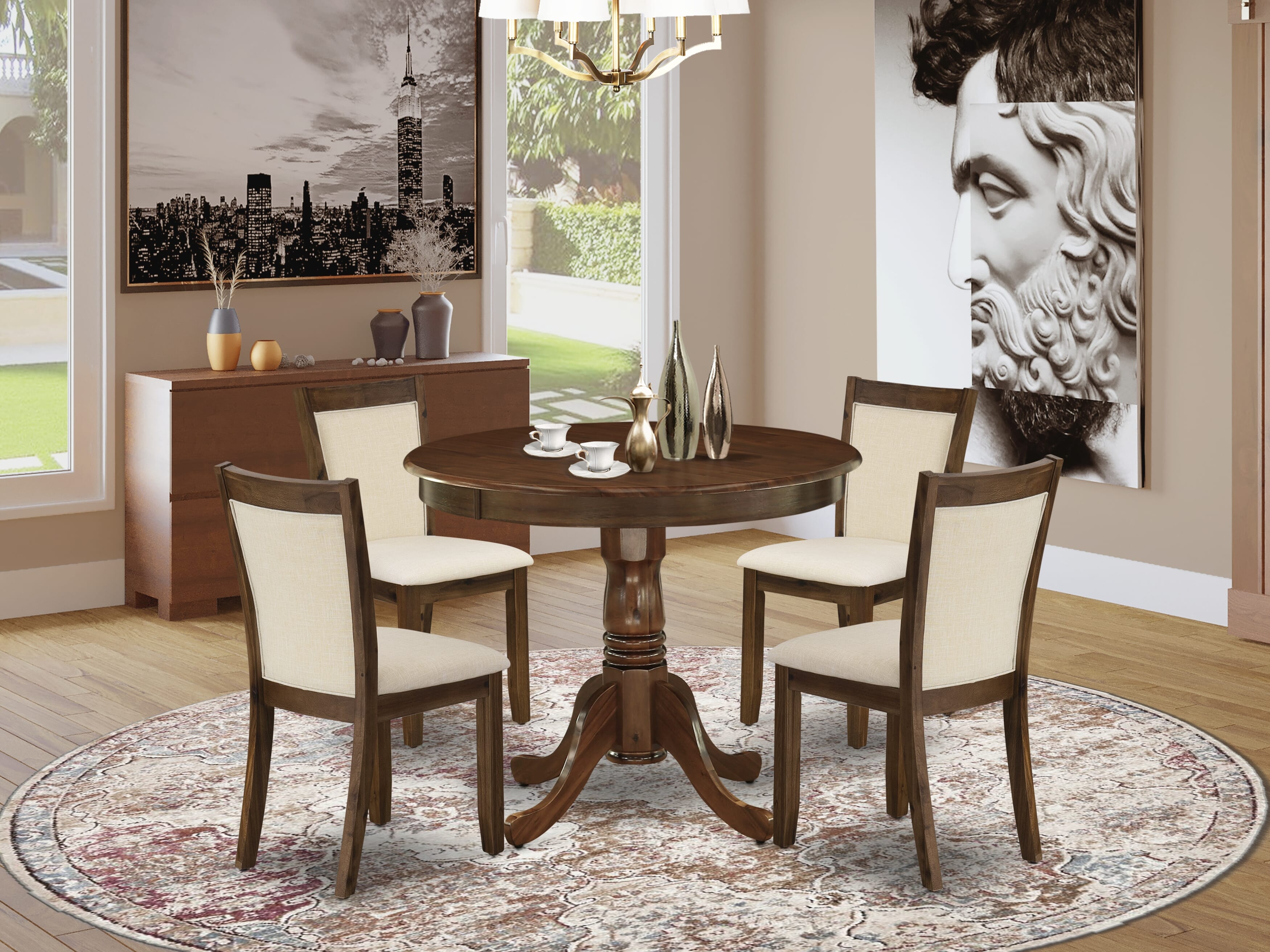 East West Furniture ANMZ5-AWA-32 5 Piece Dining Set Includes a Round Wooden Table with Pedestal and 4 Parson Kitchen Chairs, 36x36 Inch, Antique Walnut
