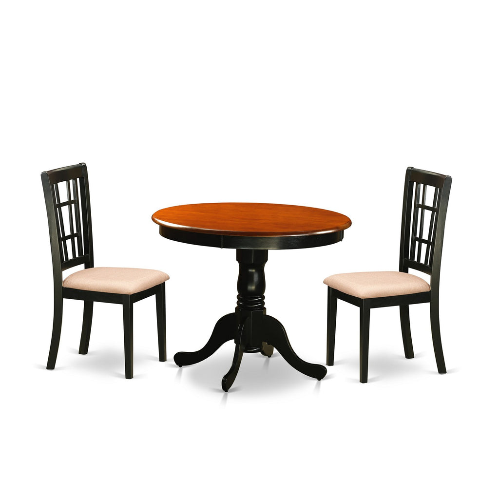 East West Furniture ANNI3-BLK-C 3 Piece Dining Table Set for Small Spaces Contains a Round Kitchen Table with Pedestal and 2 Linen Fabric Upholstered Chairs
