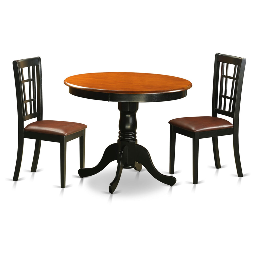 East West Furniture ANNI3-BLK-LC 3 Piece Dinette Set for Small Spaces Contains a Round Kitchen Table with Pedestal and 2 Faux Leather Upholstered Dining Chairs