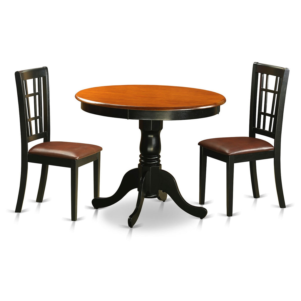 East West Furniture ANNI3-BLK-LC 3 Piece Dinette Set for Small Spaces Contains a Round Kitchen Table with Pedestal and 2 Faux Leather Upholstered Dining Chairs, 36x36 Inch, Black & Cherry