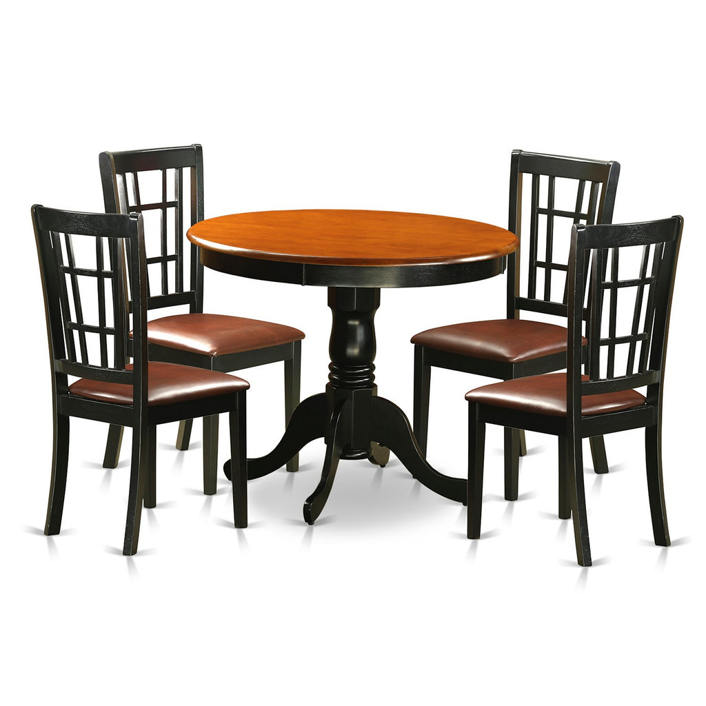East West Furniture ANNI5-BLK-LC 5 Piece Dinette Set for 4 Includes a Round Kitchen Table with Pedestal and 4 Faux Leather Kitchen Dining Chairs, 36x36 Inch, Black & Cherry