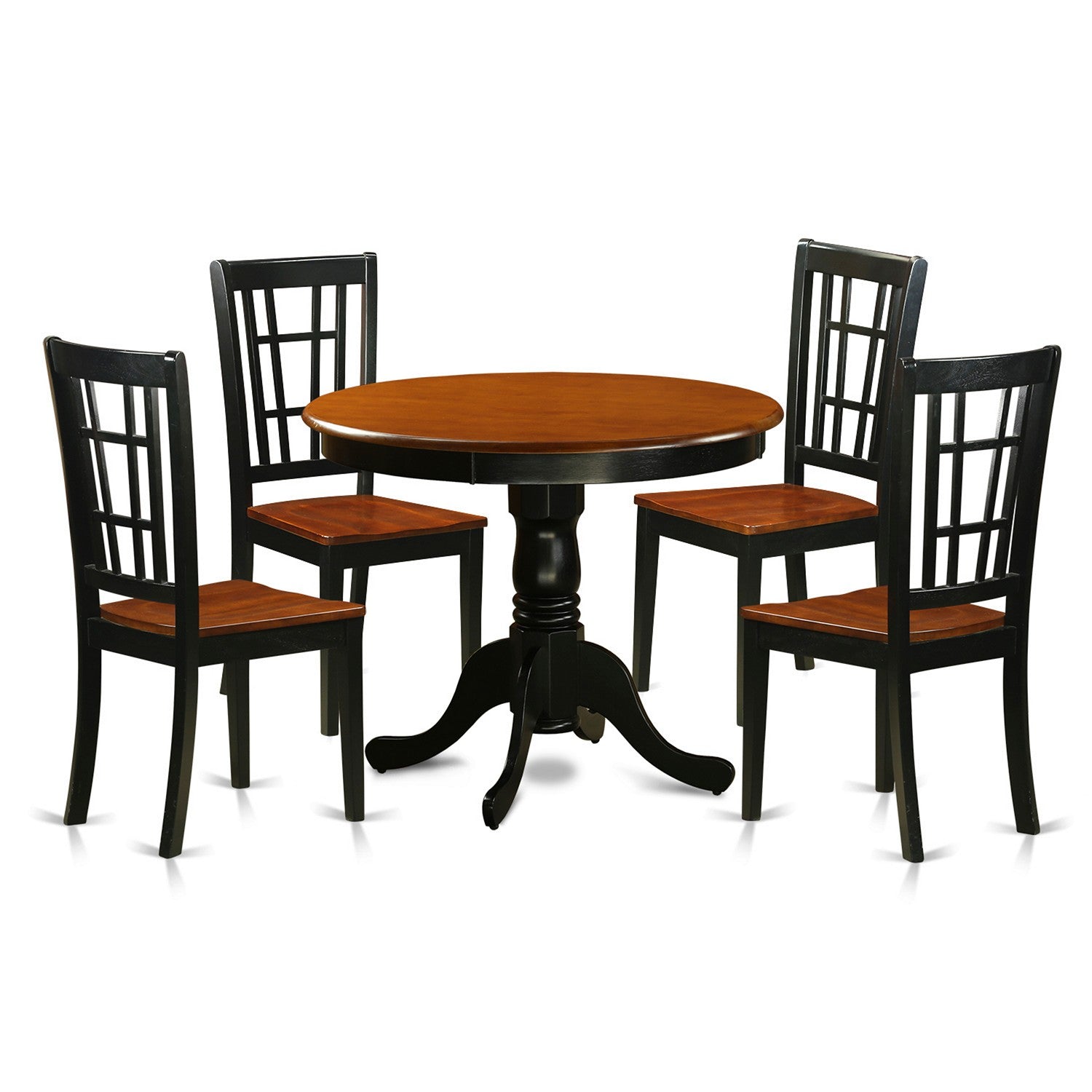 Juego de mesa de comedor East West Furniture ANNI5-BLK-W de 5 piezas para 4 personas. Incluye una mesa de cocina redonda con pedestal y 4 sillas de comedor de cocina.