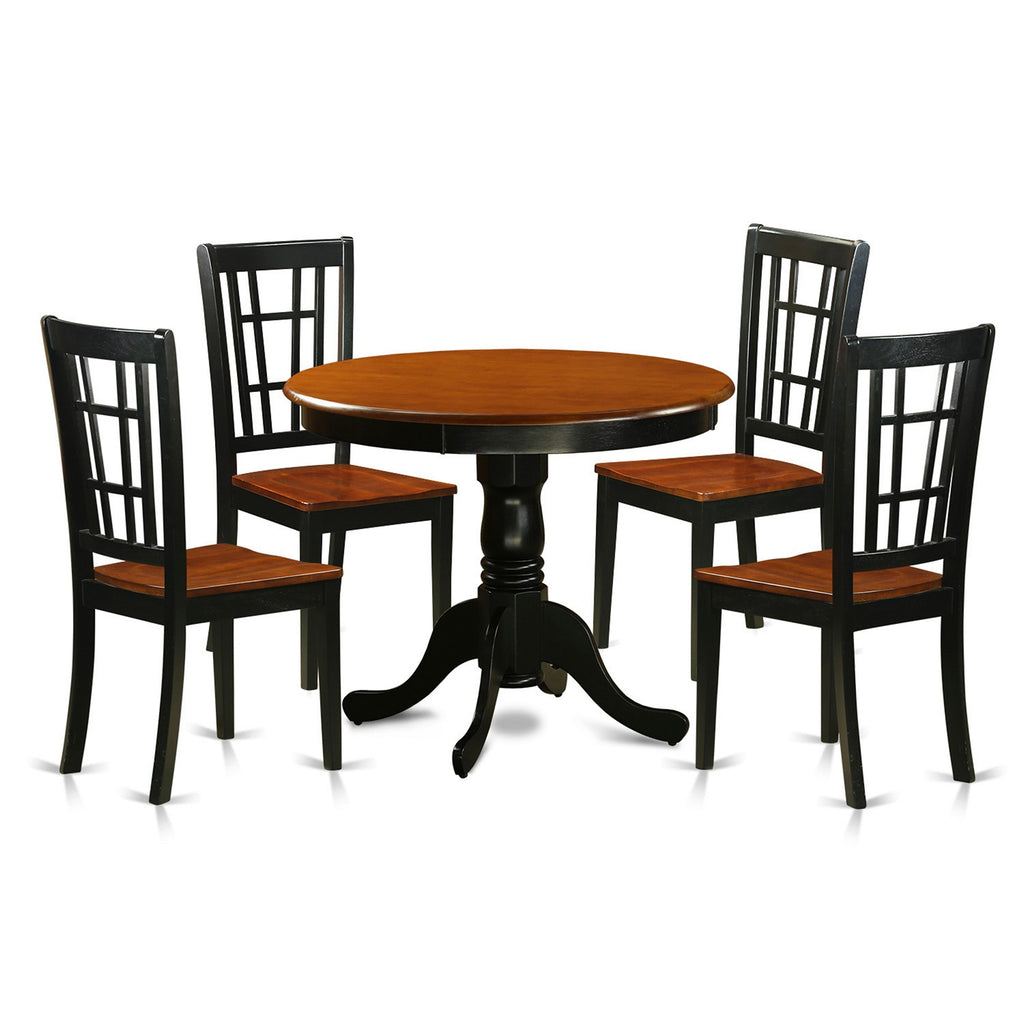 East West Furniture ANNI5-BLK-W 5 Piece Dining Table Set for 4 Includes a Round Kitchen Table with Pedestal and 4 Kitchen Dining Chairs