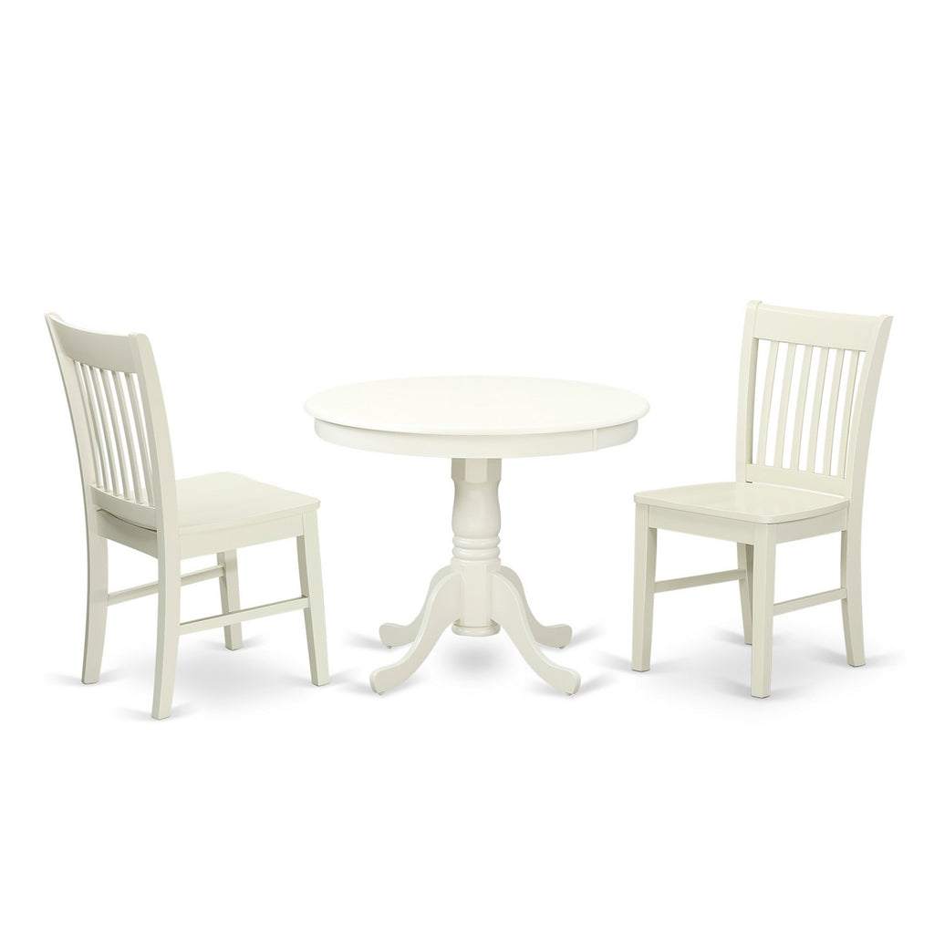 East West Furniture ANNO3-LWH-W 3 Piece Dining Room Furniture Set Contains a Round Dining Table with Pedestal and 2 Wood Seat Chairs