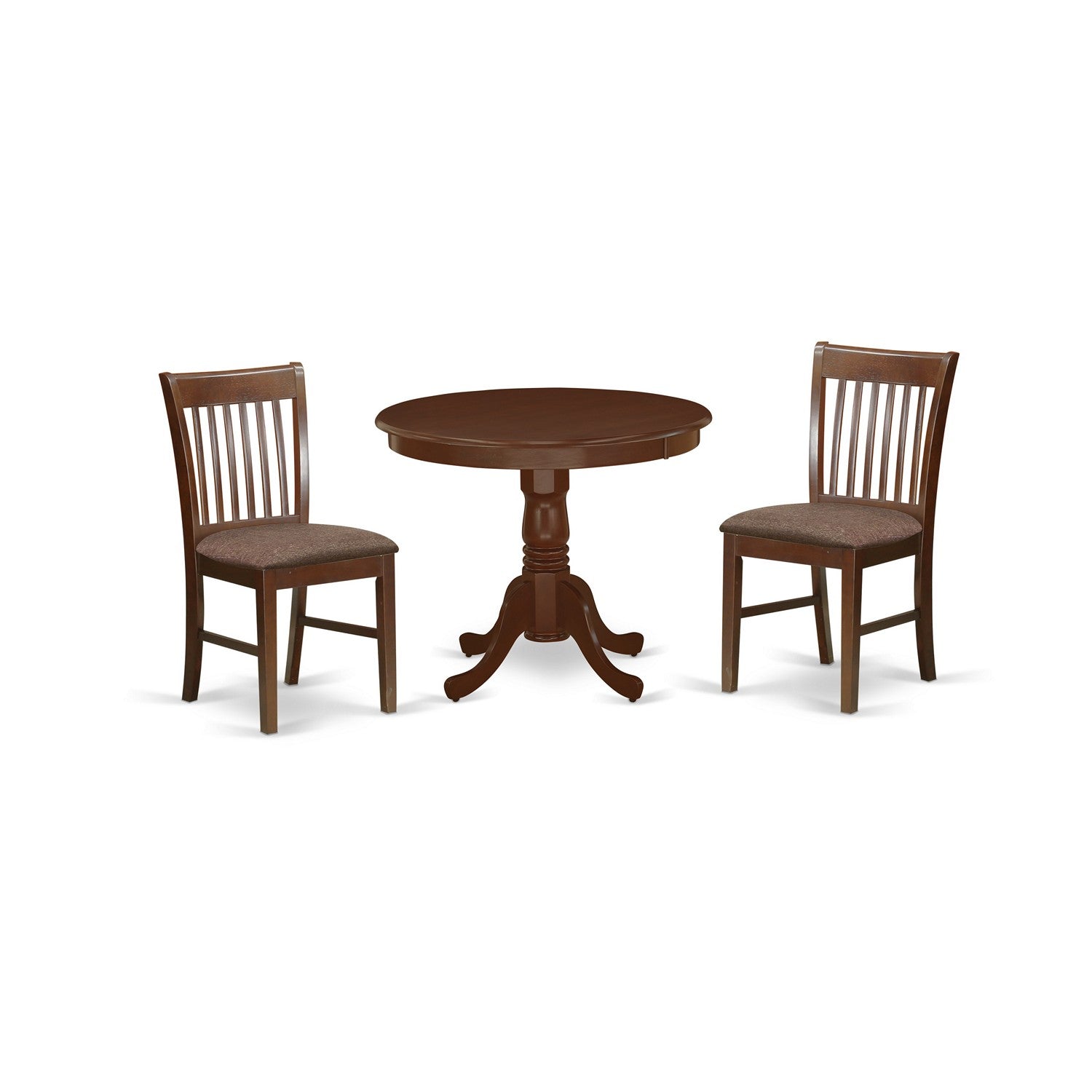 Juego de mesa y sillas de cocina de 3 piezas ANNO3-MAH-C de East West Furniture. Incluye una mesa de comedor redonda con pedestal y 2 sillas de comedor de tela de lino.