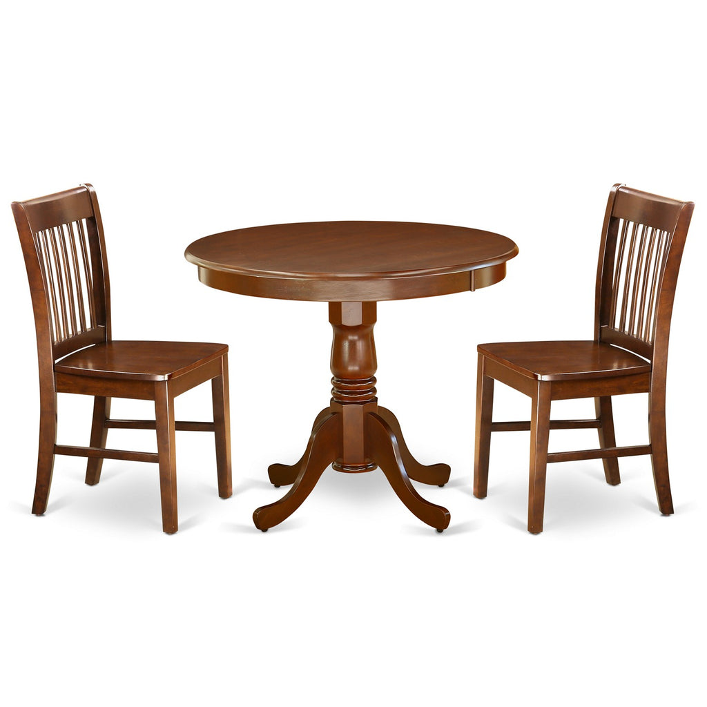 East West Furniture ANNO3-MAH-W 3 Piece Dining Room Table Set  Contains a Round Kitchen Table with Pedestal and 2 Dining Chairs