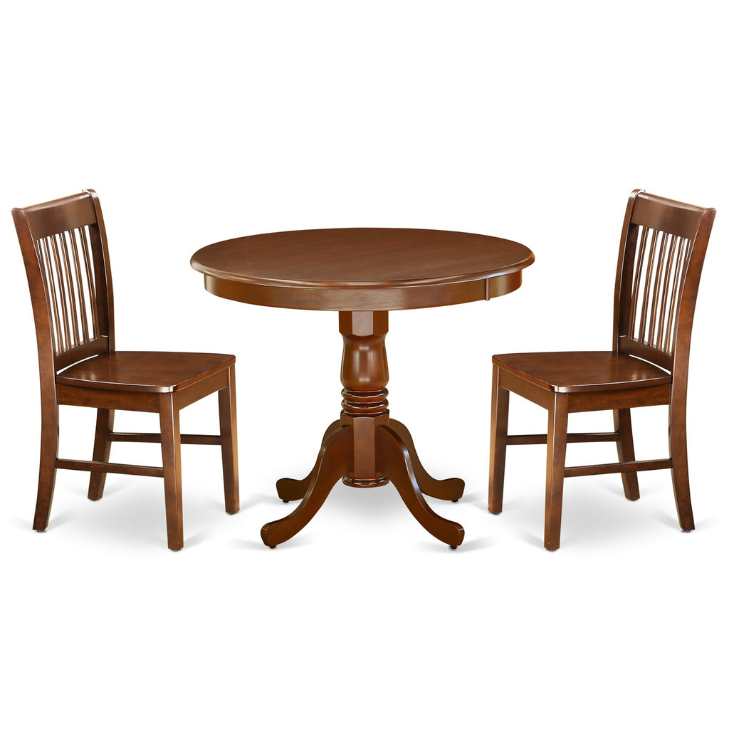 East West Furniture ANNO3-MAH-W 3 Piece Dining Room Table Set  Contains a Round Kitchen Table with Pedestal and 2 Dining Chairs, 36x36 Inch, Mahogany