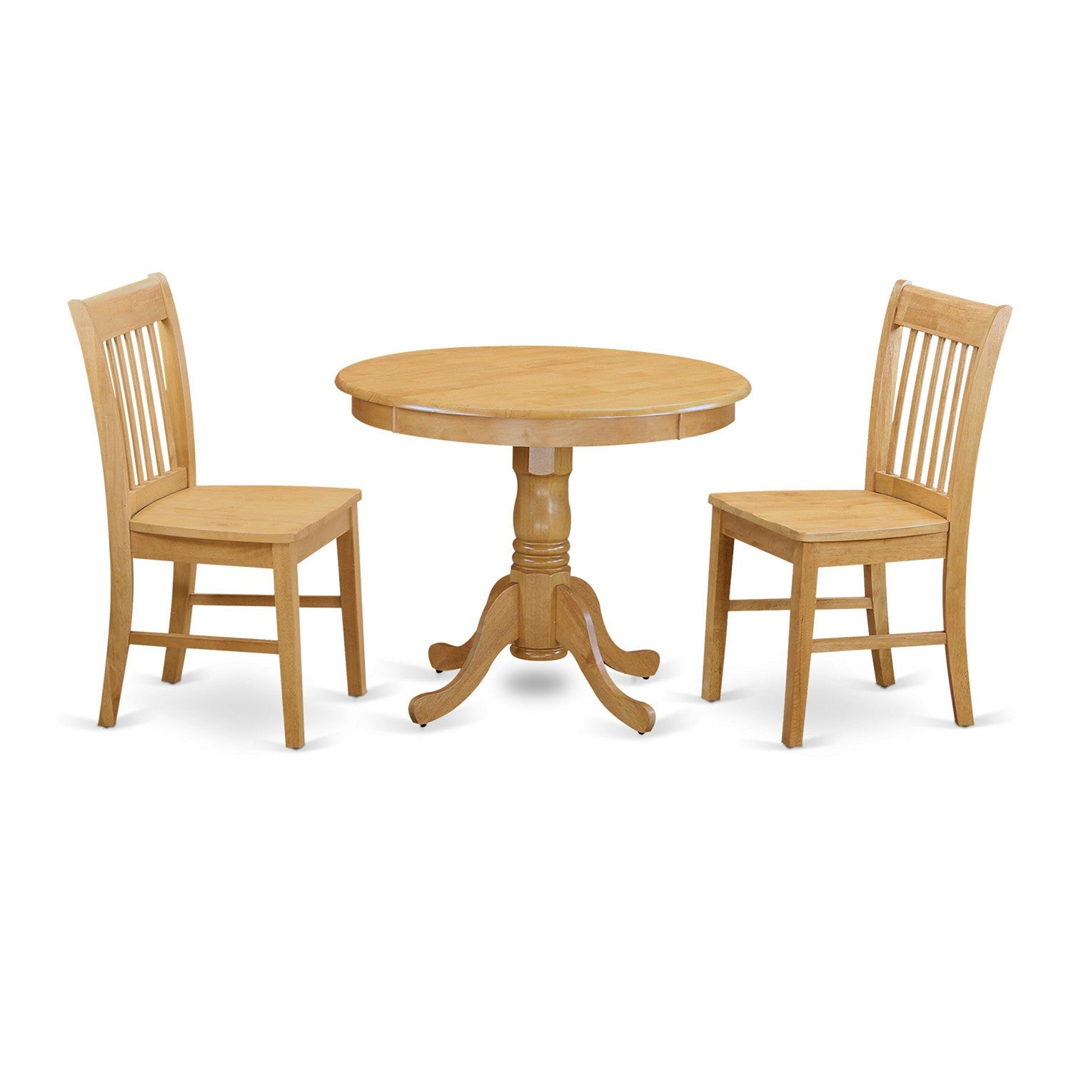 Juego de mesa de comedor de 3 piezas East West Furniture ANNO3-OAK-W. Contiene una mesa redonda de madera con pedestal y 2 sillas de comedor de cocina.