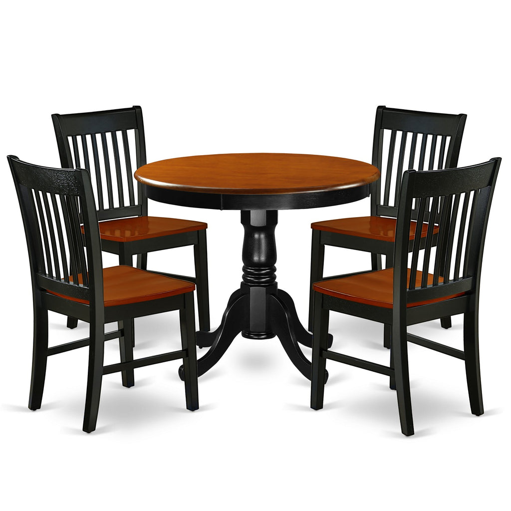East West Furniture ANNO5-BCH-W 5 Piece Dining Set Includes a Round Dining Room Table with Pedestal and 4 Wood Seat Chairs, 36x36 Inch, Black & Cherry