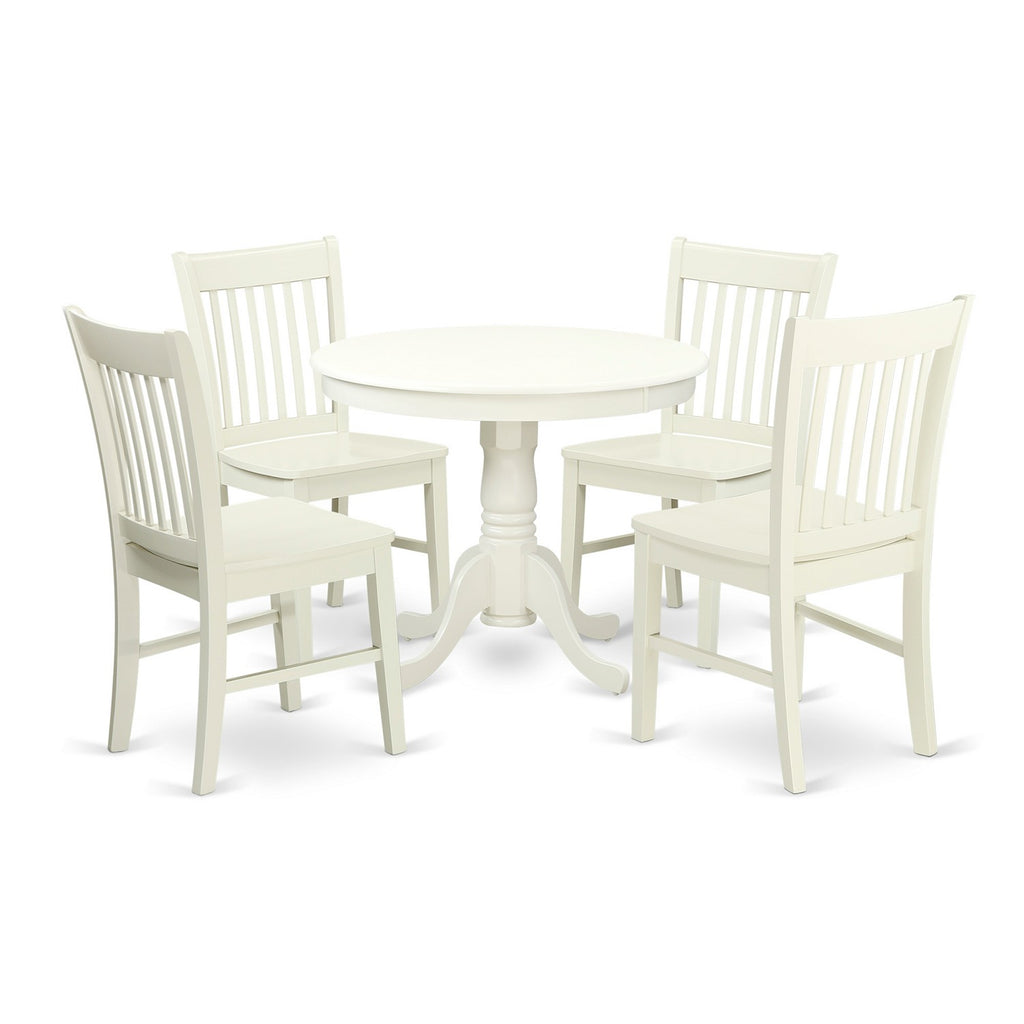 Juego de comedor de 5 piezas East West Furniture ANNO5-LWH-W para 4 personas. Incluye una mesa de cocina redonda con pedestal y 4 sillas de comedor.