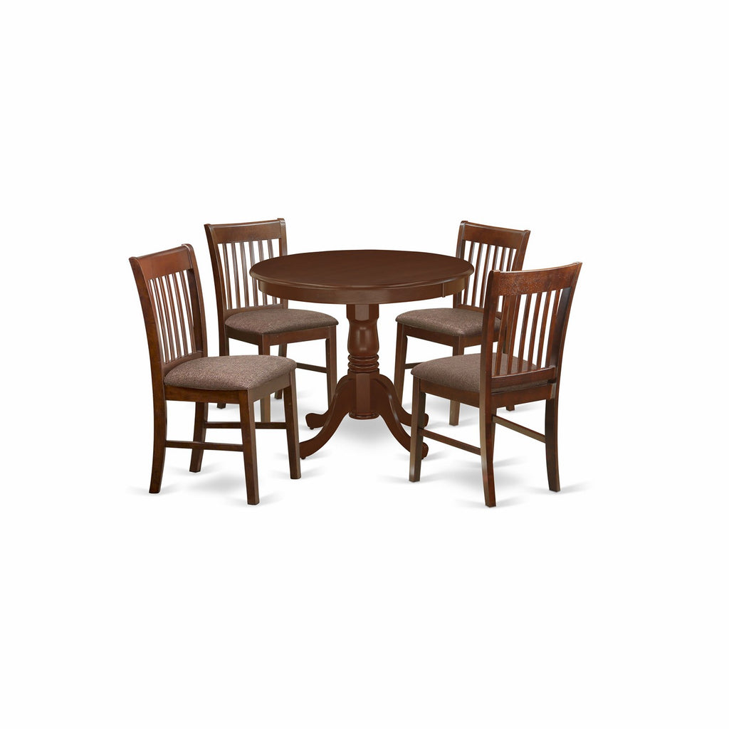 East West Furniture ANNO5-MAH-C 5 Piece Kitchen Table Set for 4 Includes a Round Dining Room Table with Pedestal and 4 Linen Fabric Upholstered Dining Chairs