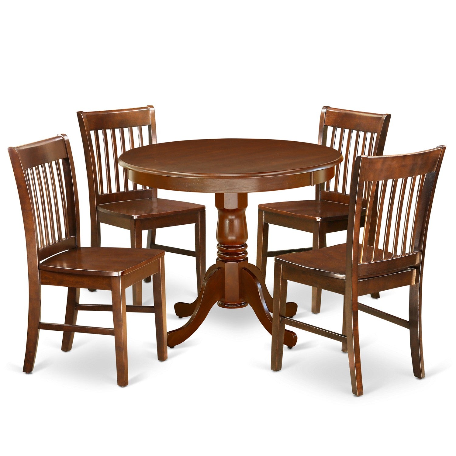 Juego de comedor de 5 piezas East West Furniture ANNO5-MAH-W. Incluye una mesa de comedor redonda con pedestal y 4 sillas con asiento de madera.