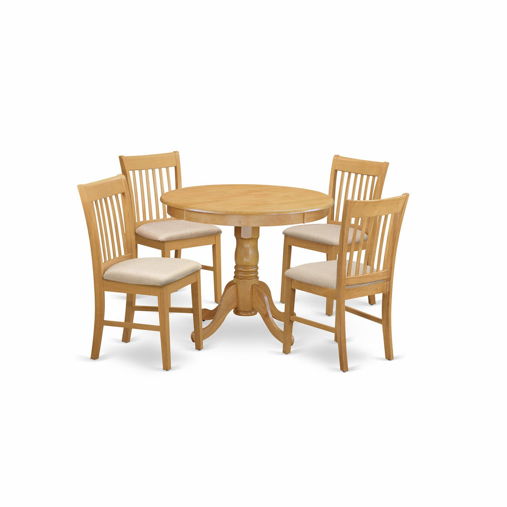 East West Furniture ANNO5-OAK-C 5 Piece Dining Table Set for 4 Includes a Round Kitchen Table with Pedestal and 4 Linen Fabric Dining Room Chairs, 36x36 Inch, Oak