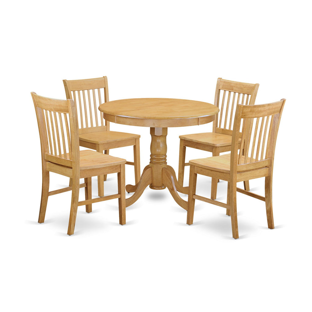 East West Furniture ANNO5-OAK-W 5 Piece Dining Room Furniture Set Includes a Round Dining Table with Pedestal and 4 Wood Seat Chairs, 36x36 Inch, Oak