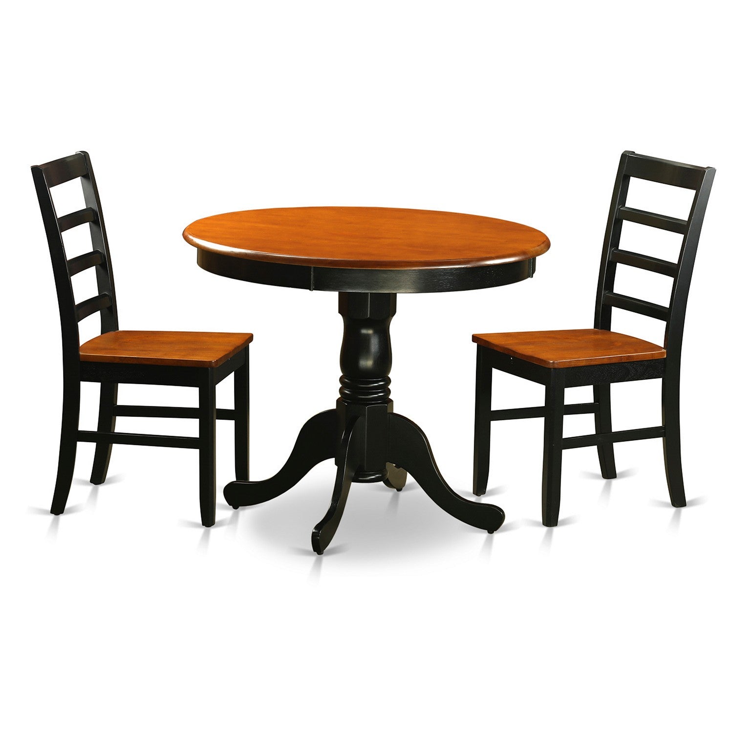 Juego de mesa y sillas de cocina de 3 piezas East West Furniture ANPF3-BLK-W. Incluye una mesa de comedor redonda con pedestal y 2 sillas con asiento de madera maciza.