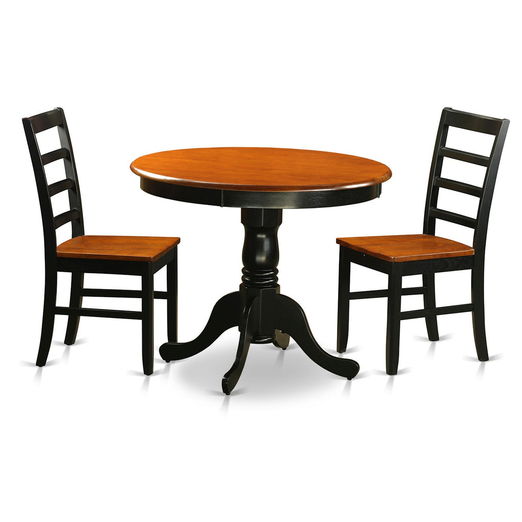 Juego de mesa y sillas de cocina de 3 piezas East West Furniture ANPF3-BLK-W. Incluye una mesa de comedor redonda con pedestal y 2 sillas con asiento de madera maciza.