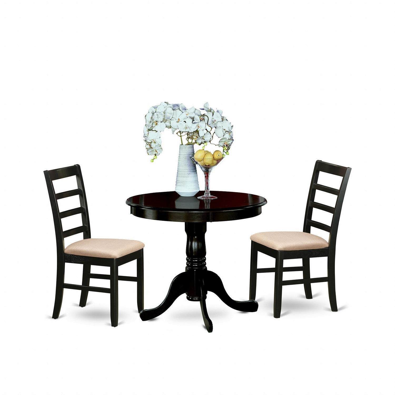 Juego de comedor de 3 piezas East West Furniture ANPF3-CAP-C. Incluye una mesa de cocina redonda con pedestal y dos sillas de comedor tapizadas en tela de lino.