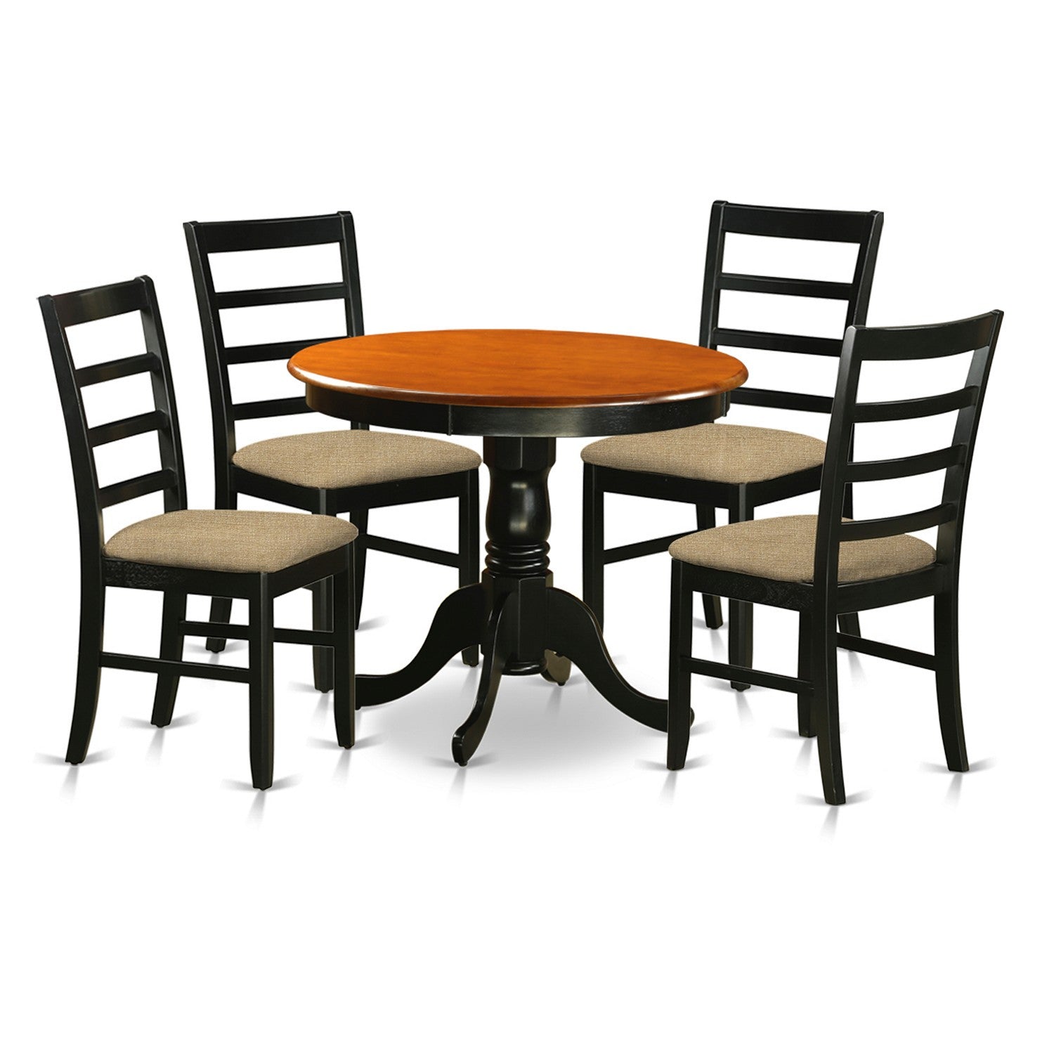 Juego de mesa y sillas de cocina de 5 piezas East West Furniture ANPF5-BLK-C. Incluye una mesa de comedor redonda con pedestal y 4 sillas tapizadas en tela de lino.