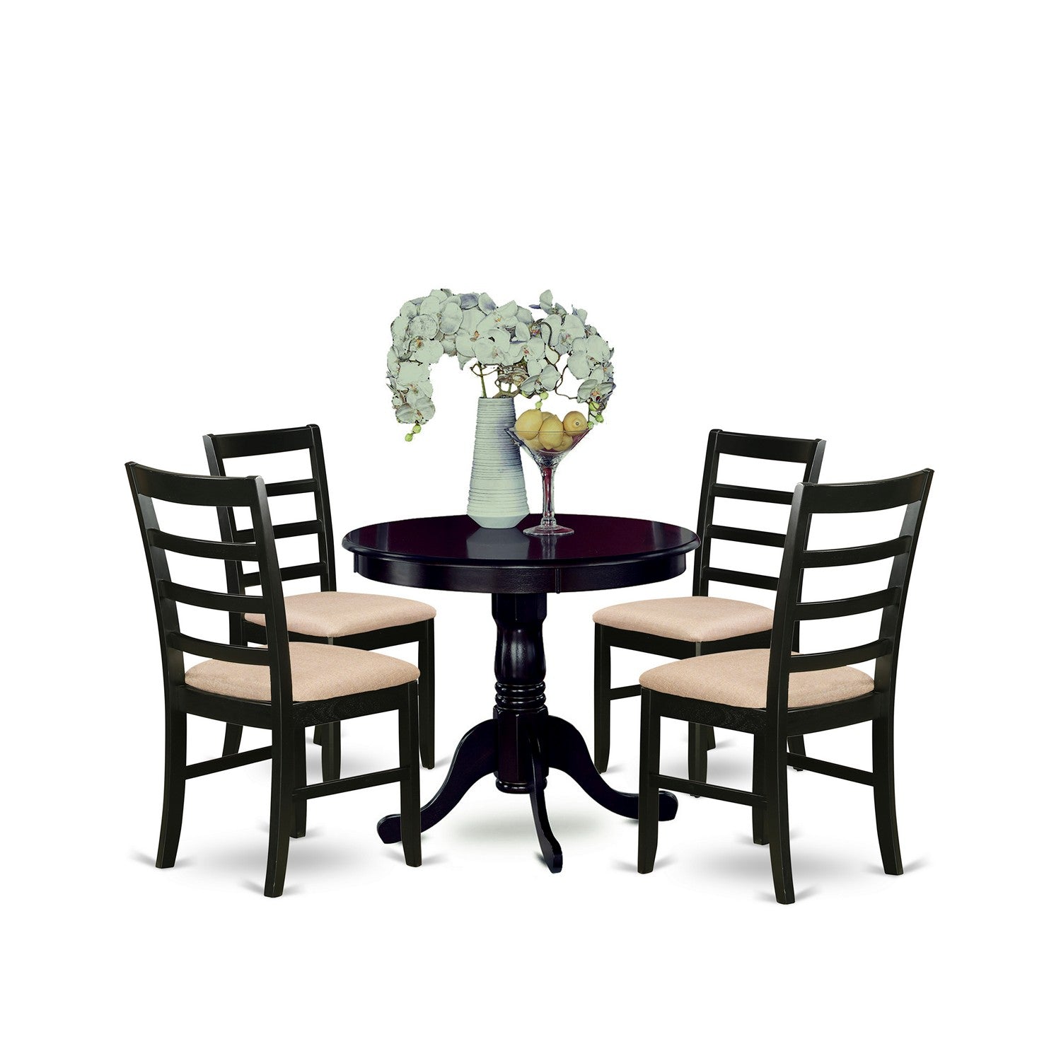 Juego de comedor de 5 piezas East West Furniture ANPF5-CAP-C. Incluye una mesa de cocina redonda con pedestal y 4 sillas de comedor tapizadas en tela de lino.