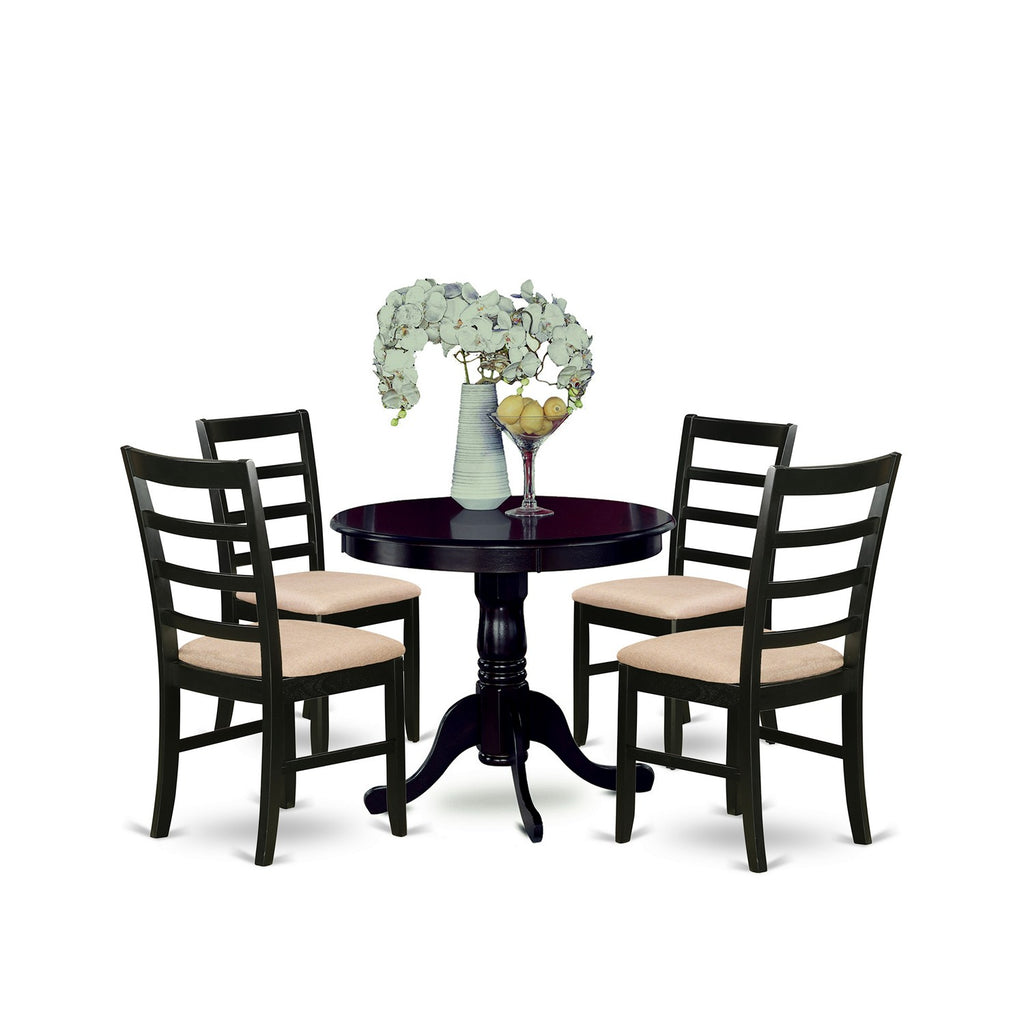East West Furniture ANPF5-CAP-C 5 Piece Dining Set Includes a Round Kitchen Table with Pedestal and 4 Linen Fabric Upholstered Dining Chairs