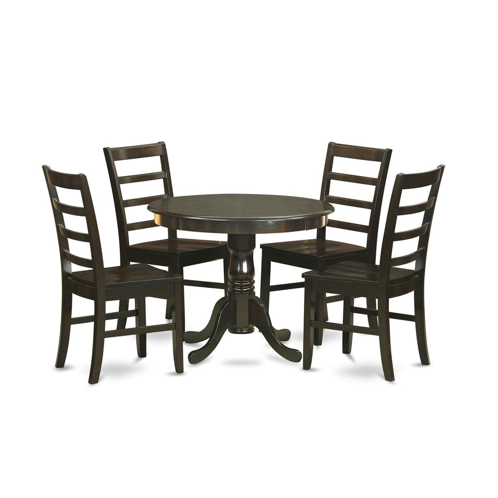 East West Furniture ANPF5-CAP-W 5 Piece Dining Room Table Set Includes a Round Wooden Table with Pedestal and 4 Kitchen Dining Chairs