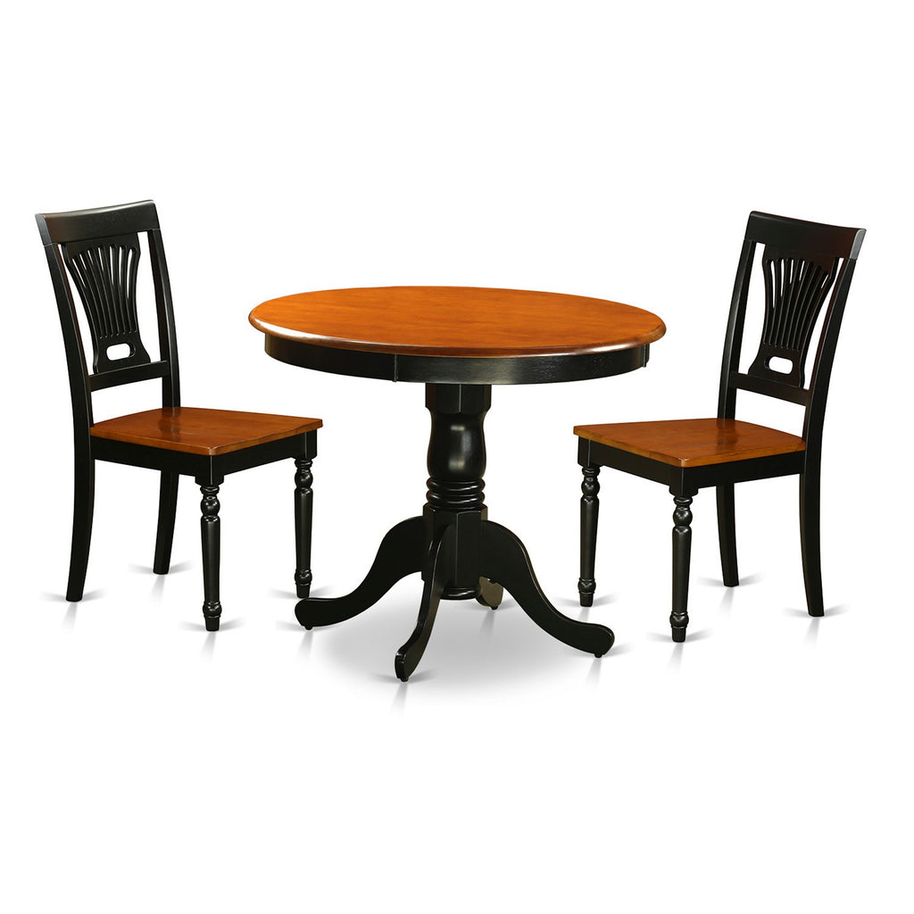 East West Furniture ANPL3-BLK-W 3 Piece Dining Room Furniture Set Contains a Round Kitchen Table with Pedestal and 2 Dining Chairs