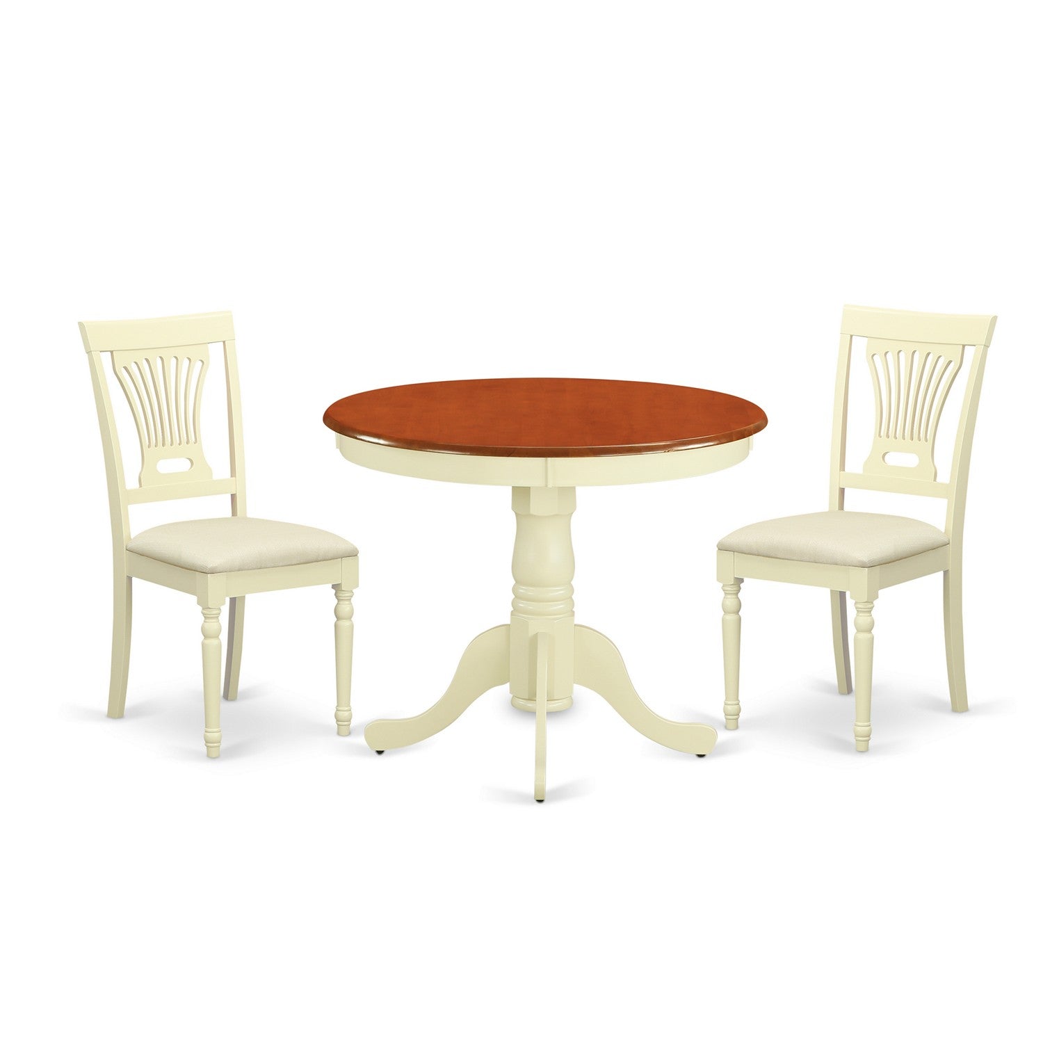 Juego de mesa de comedor de 3 piezas East West Furniture ANPL3-WHI-C para espacios pequeños. Contiene una mesa de cocina redonda con pedestal y 2 sillas de comedor de cocina de tela de lino.