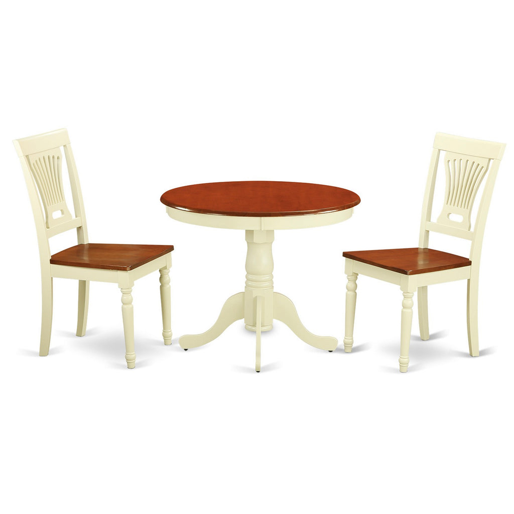 East West Furniture ANPL3-WHI-W 3 Piece Dining Set Contains a Round Dining Room Table with Pedestal and 2 Wood Seat Chairs