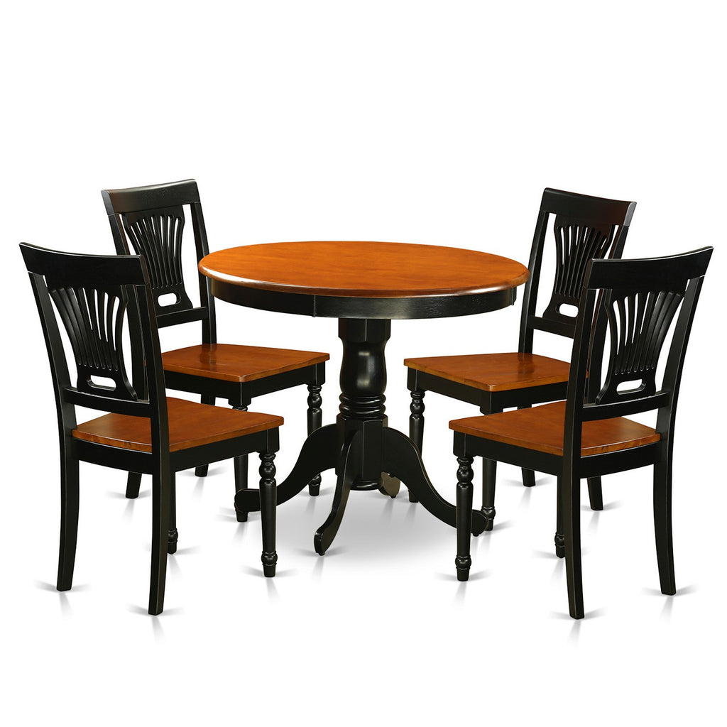 East West Furniture ANPL5-BLK-W 5 Piece Kitchen Table & Chairs Set Includes a Round Dining Room Table with Pedestal and 4 Solid Wood Seat Chairs