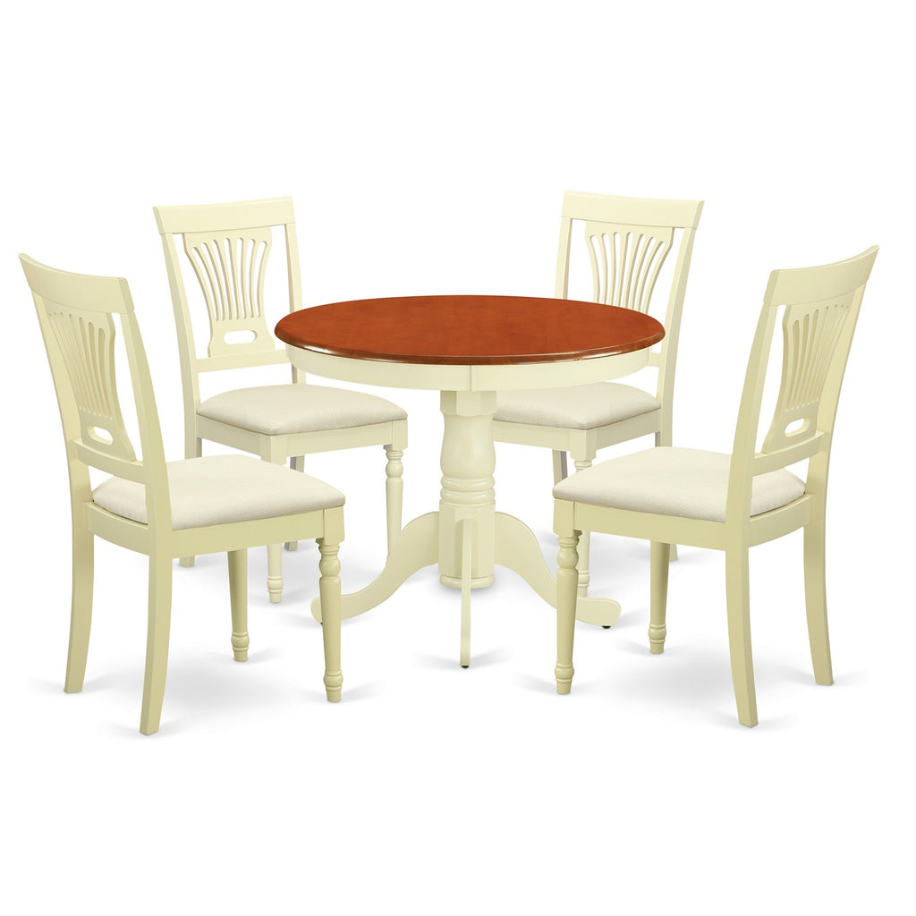East West Furniture ANPL5-WHI-C 5 Piece Dinette Set for 4 Includes a Round Kitchen Table with Pedestal and 4 Linen Fabric Dining Room Chairs, 36x36 Inch, Buttermilk & Cherry