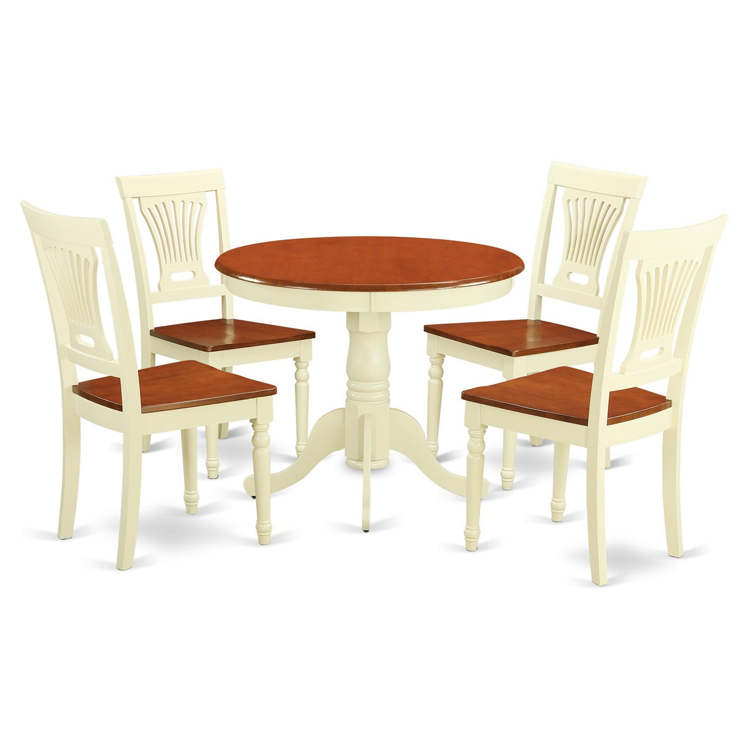 Juego de comedor de 5 piezas East West Furniture ANPL5-WHI-W para 4 personas. Incluye una mesa de cocina redonda con pedestal y 4 sillas de comedor de cocina.