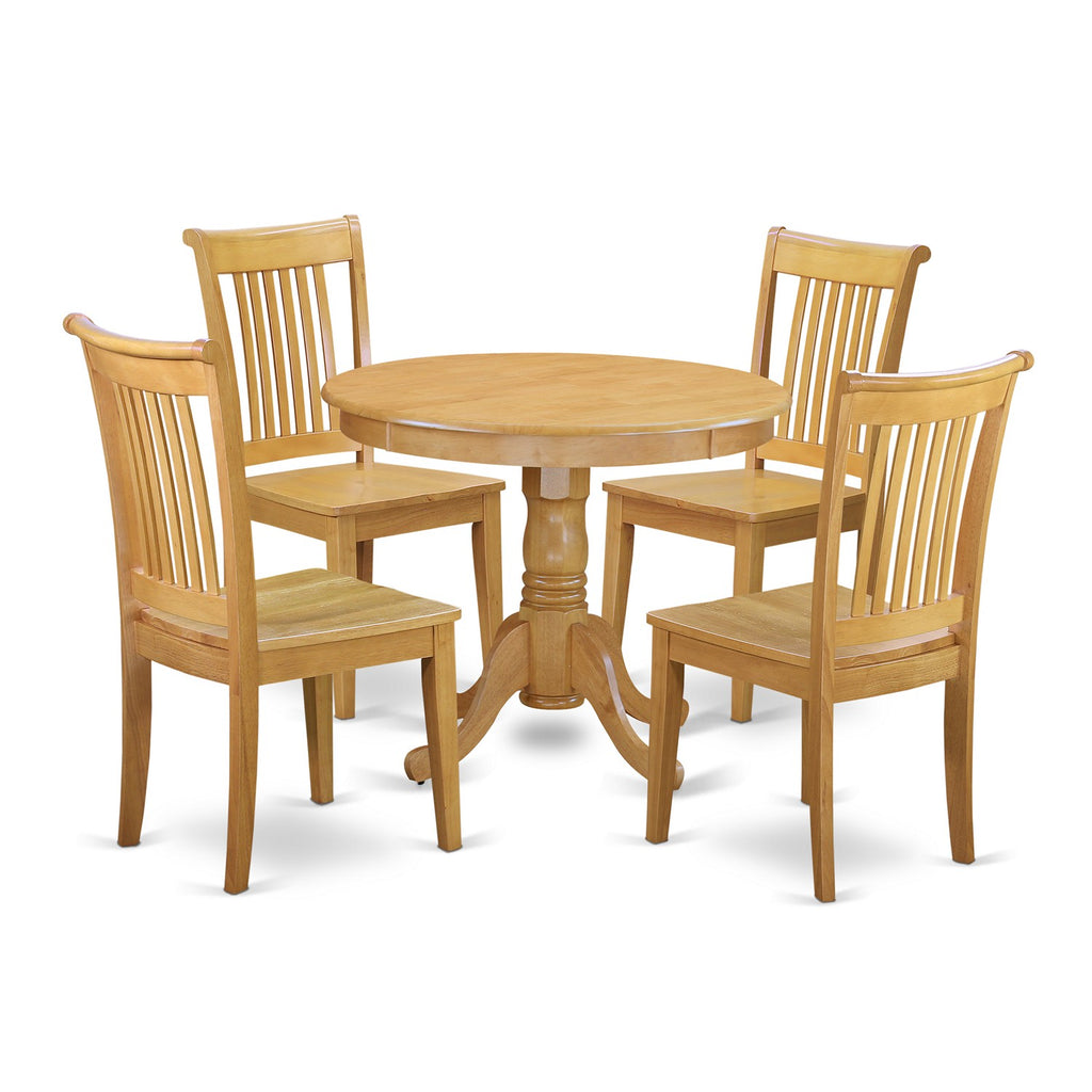 Juego de mesa de cocina de 5 piezas East West Furniture ANPO5-OAK-W para 4 personas. Incluye una mesa de comedor redonda con pedestal y 4 sillas de comedor.
