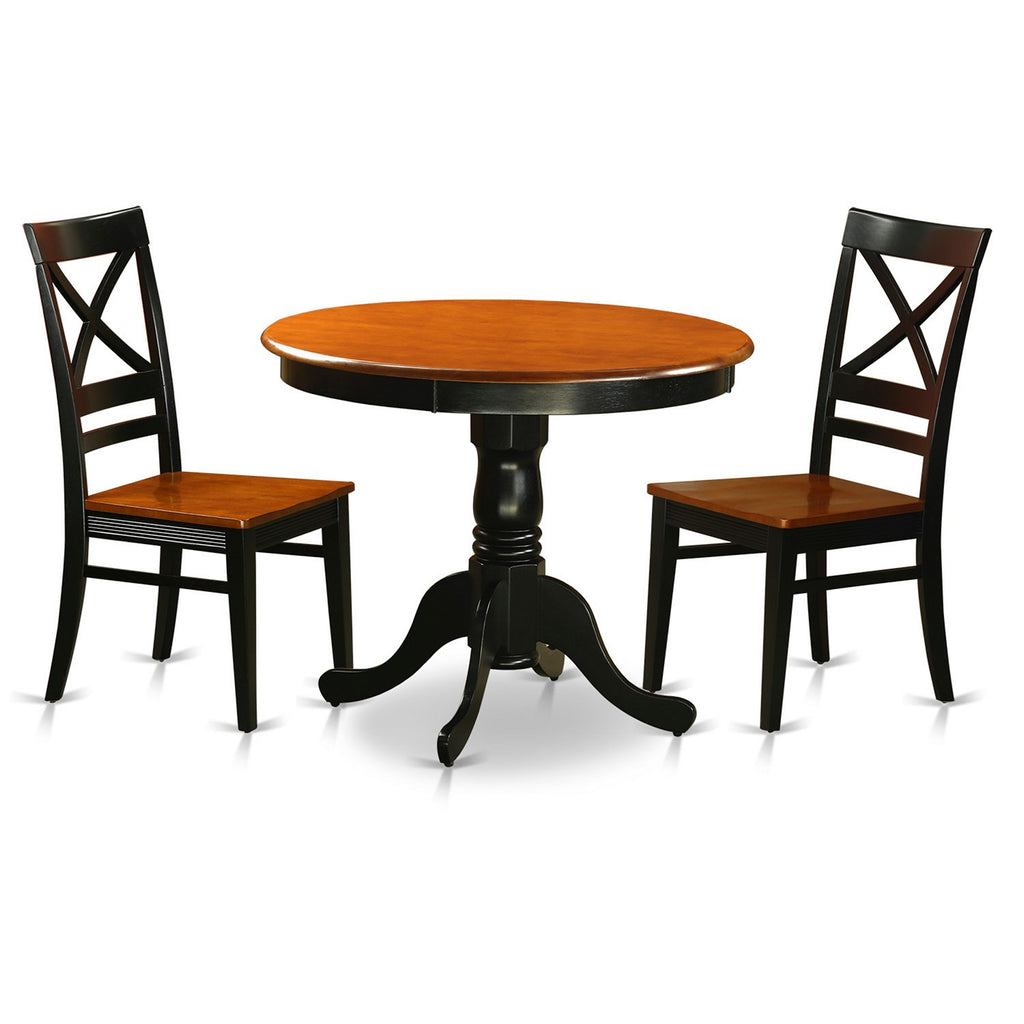 East West Furniture ANQU3-BLK-W 3 Piece Kitchen Table & Chairs Set Contains a Round Dining Room Table with Pedestal and 2 Dining Room Chairs