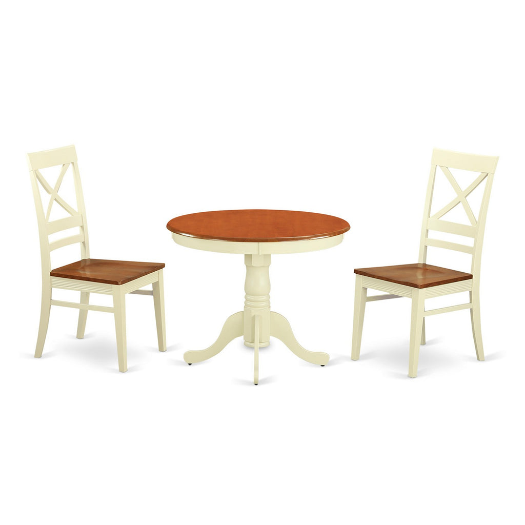 Juego de comedor de 3 piezas ANQU3-WHI-W de East West Furniture. Contiene una mesa de comedor redonda con pedestal y 2 sillas con asiento de madera.