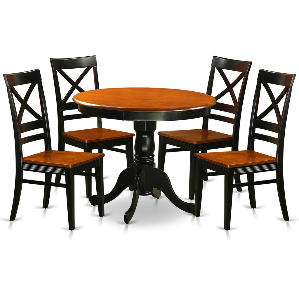 East West Furniture ANQU5-BLK-W 5 Piece Dinette Set for 4 Includes a Round Kitchen Table with Pedestal and 4 Dining Room Chairs