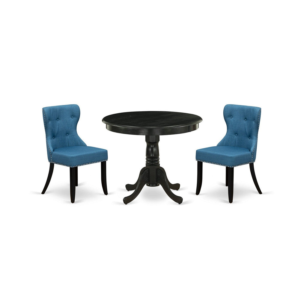 Juego de comedor de 3 piezas East West Furniture ANSI3-ABK-21 que incluye una mesa de cocina redonda con pedestal y 2 sillas de comedor Parson de tela de lino azul.